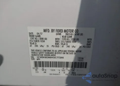 2017 Ford Explorer Xlt из США, поврежденный, VIN 1FM5K8D86HGC77295